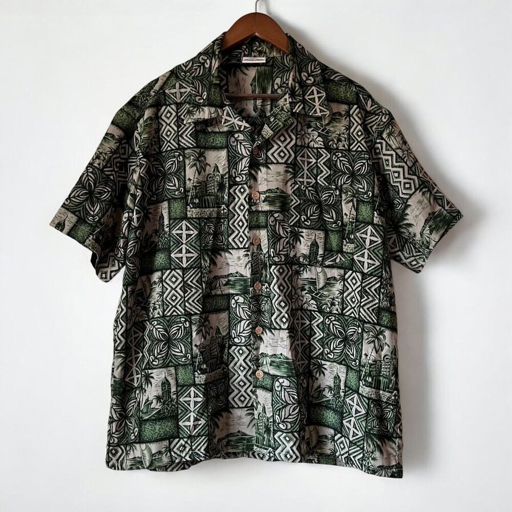Ron Jon Surf Shop Hawaiian Shirt Green Beige Tropical Print Men’s Size XL